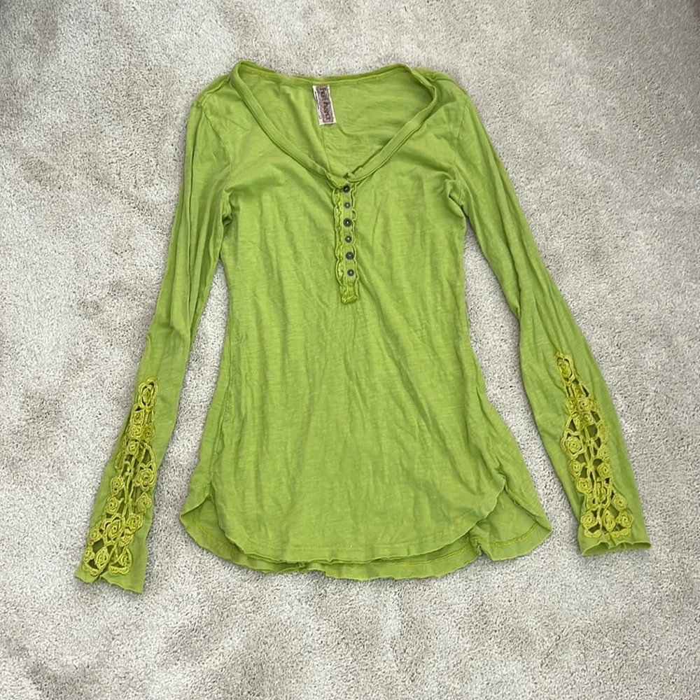 Free People Lime Green Long Sleeve Henley with Lace Sleeves